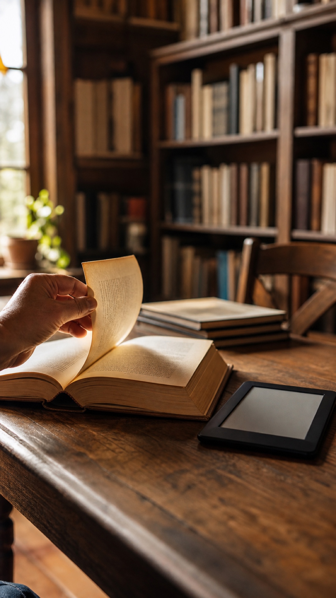 Libro di carta aperto accanto a un lettore di ebook