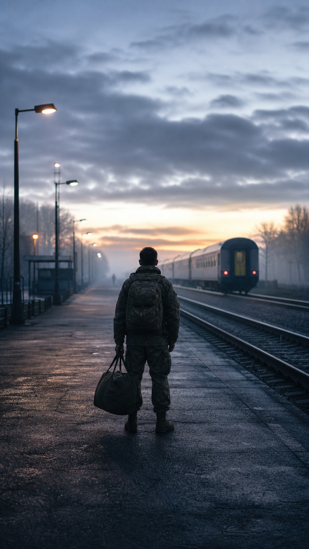 Un soldato solo davanti a un treno in partenza