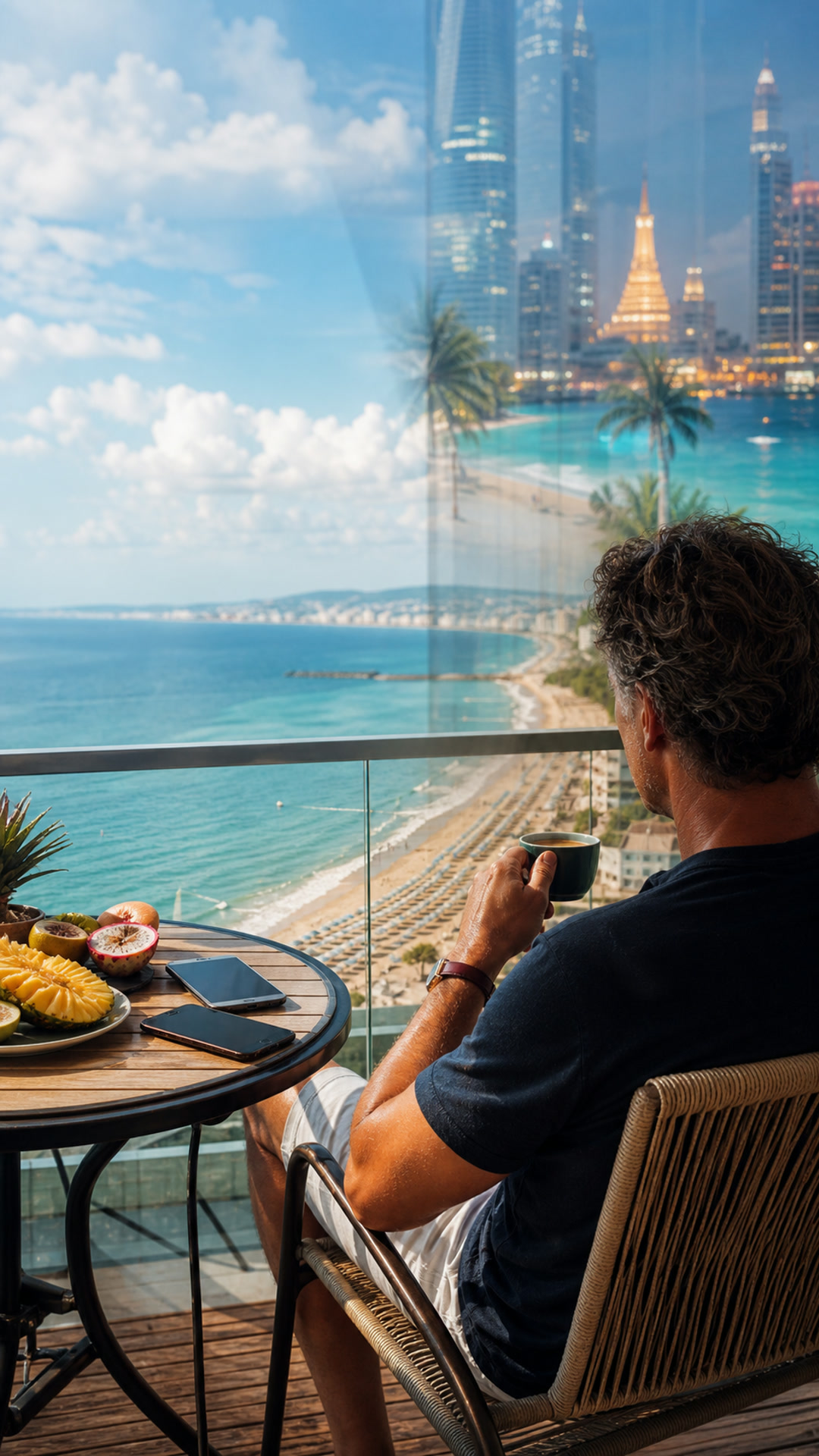 Un viaggiatore osserva il mare dalla terrazza