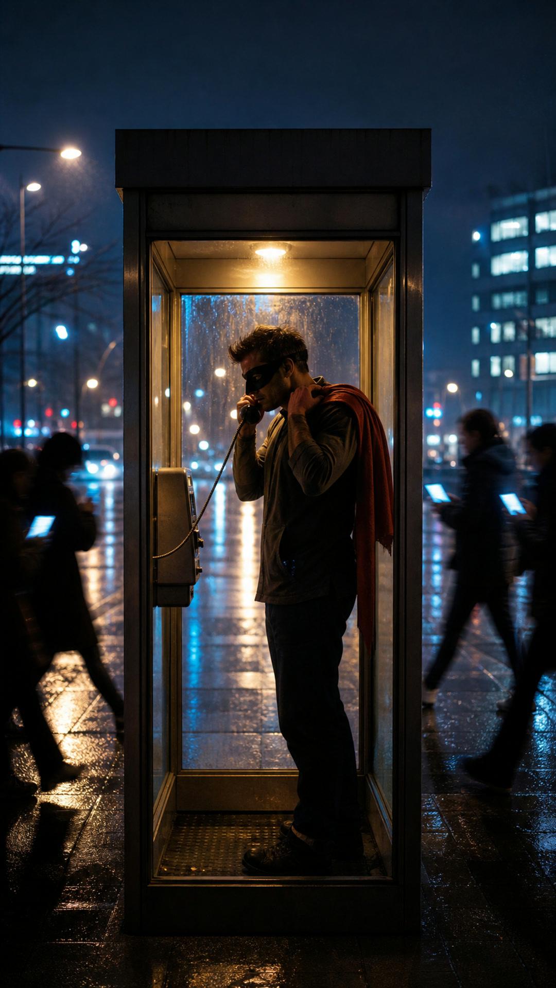 Un supereroe anonimo dentro una cabina telefonica