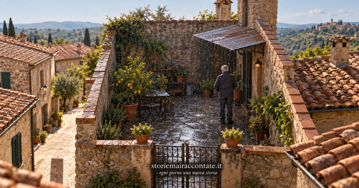 La pioggia cadeva soltanto nel suo cortile